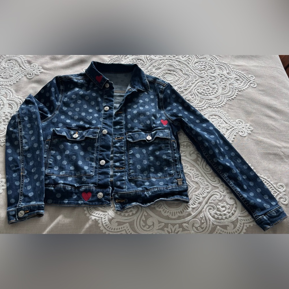 LuLaRoe Jean Jacket Blue and Red with Playful Pattern